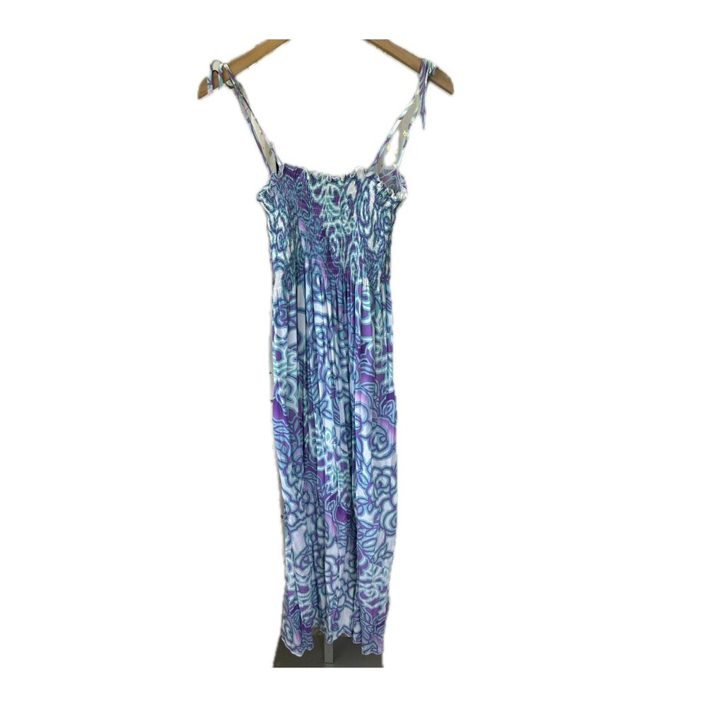 Pumehana Hawaiian Aloha Smocked Self Tie Spaghetti Straps Midi Sun Dress S/M
